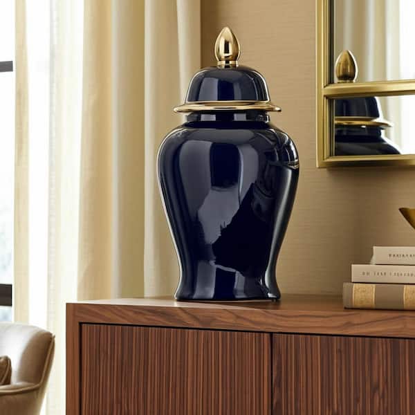 18 in. Blue Stoneware Round Traditional Solid Temple Jar