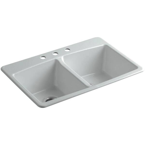 KOHLER Brookfield Drop-In Cast Iron 33 in. 3-Hole Double Bowl Kitchen Sink in Ice Grey