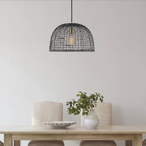 1-Light Black and Gold Pendant Light Fixture with Natural Woven Basket Shade