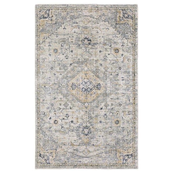 Wingate Ivory/Gold 8 ft. x 10 ft. Oriental Distressed Medallion Hand-Loomed Viscose-Wool Blend Indoor Area Rug