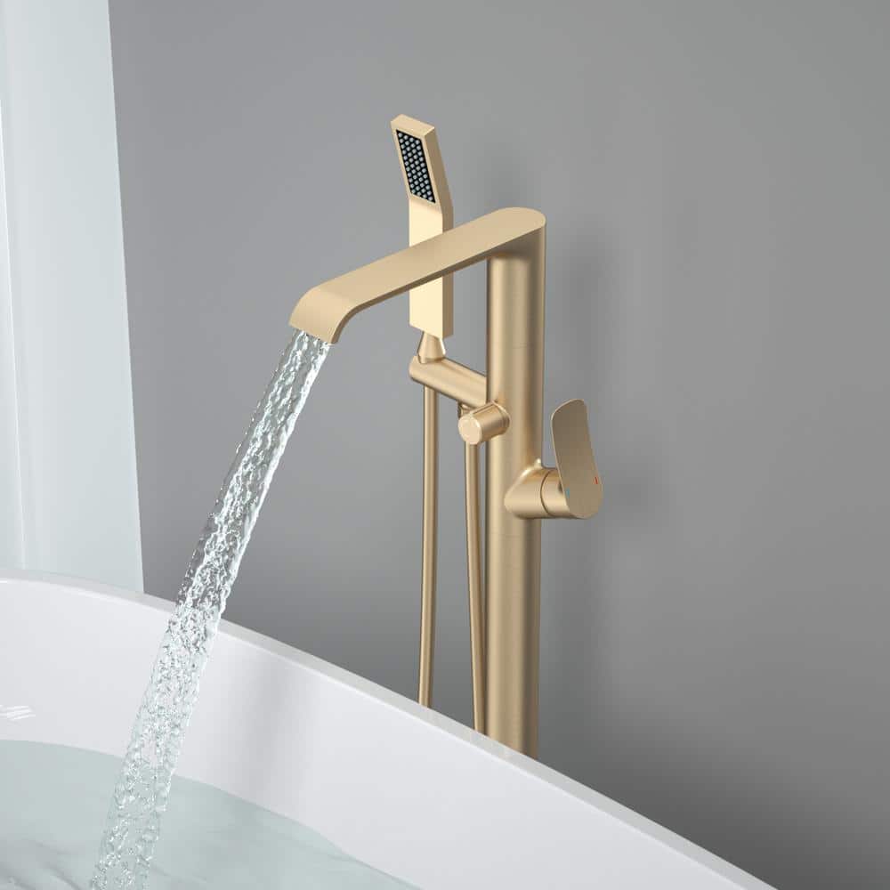 Single Handle Freestanding Floor Mount Tub Faucet Bathtub Filler with Hand Shower in Brushed Gold price history on PriceWatchPro