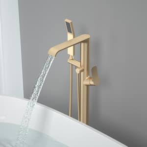 Single Handle Freestanding Floor Mount Tub Faucet Bathtub Filler with Hand Shower in Brushed Gold