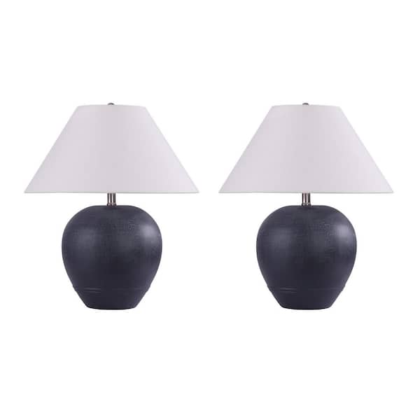 21.3 in. Black Smudged White Ceramic Table Lamp with White Linen Cone Shade(Set of 2)