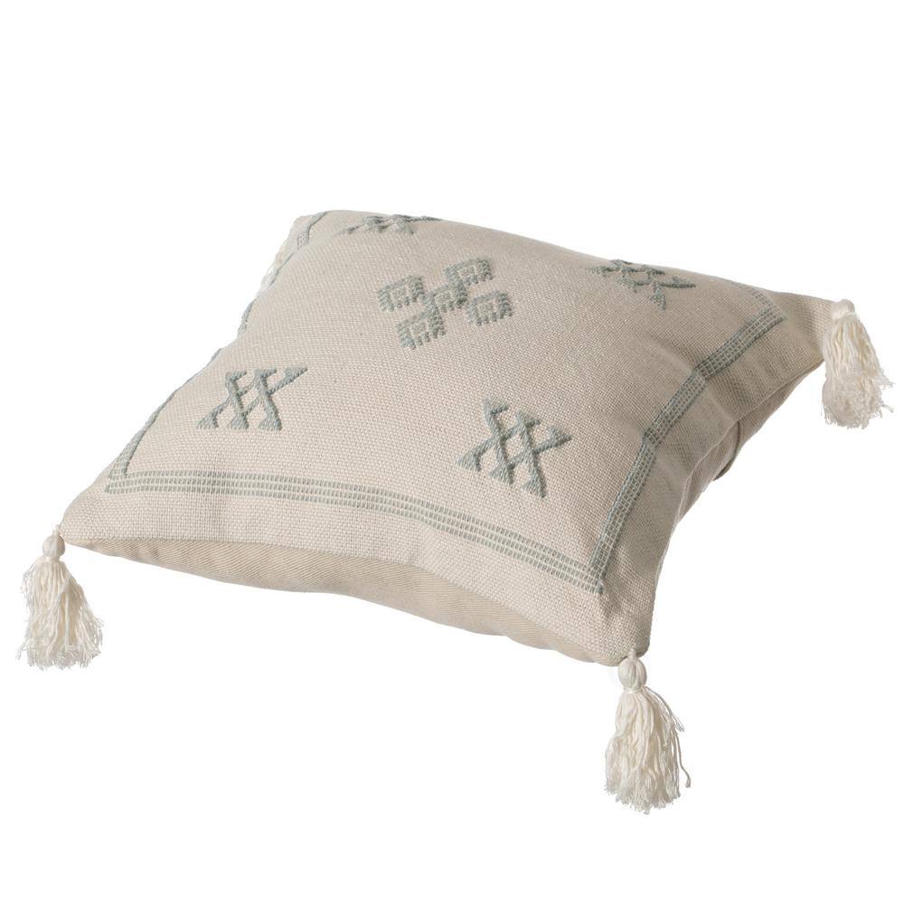Bohemian Grey & White Cotton 16" Square Throw Pillow with Tassels