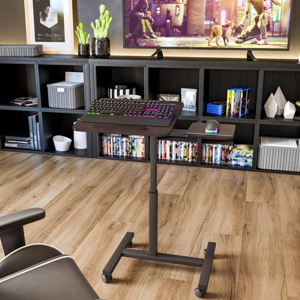 Walnut Adjustable Height Rolling Laptop Desk with Side Table