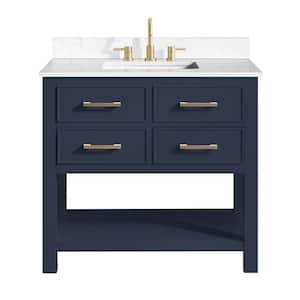 Brooks 37 in. Single Sink Navy Blue Bath Vanity with Cala White Engineered Stone Top