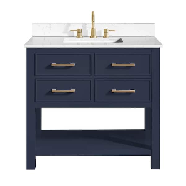 Brooks 37 in. Single Sink Navy Blue Bath Vanity with Cala White Engineered Stone Top