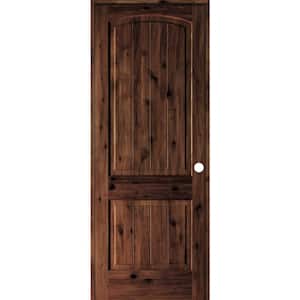 28 in. x 96 in. Knotty Alder 2-Panel Left-Hand Arch V-Groove Red Mahogany Stain Solid Wood Single Prehung Interior Door
