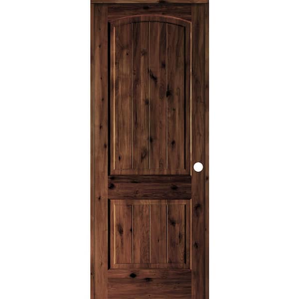 Krosswood Doors 32 in. x 96 in. Knotty Alder 2-Panel Left-Hand Arch V-Groove Red Mahogany Stain Solid Wood Single Prehung Interior Door