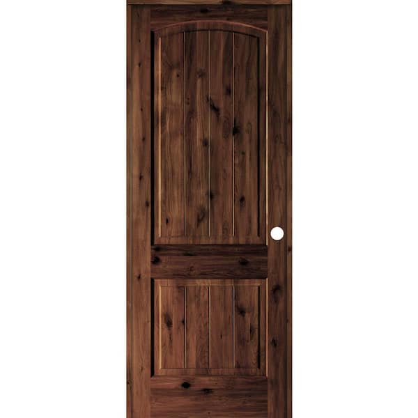 null 28 in. x 96 in. Knotty Alder 2-Panel Left-Hand Arch V-Groove Red Mahogany Stain Solid Wood Single Prehung Interior Door
