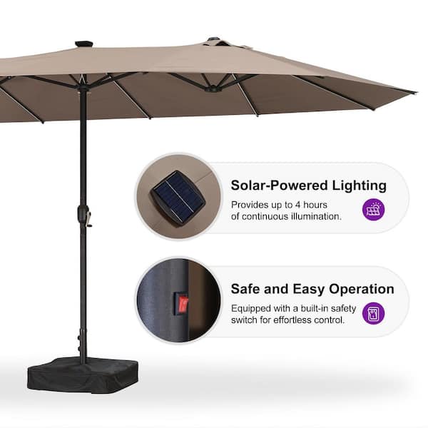 15 ft. Solar LED Lights Market Umbrella with Double Sided Outdoor Patio Umbrellas with Base in Taupe