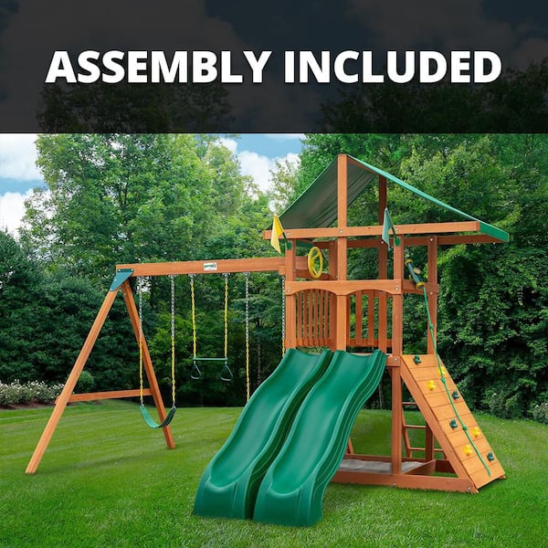 Gorilla Playsets Professionally Assembled Outing III Kids Wooden Outdoor Playground Set with Vinyl Roof, 2 Slides, Sandbox, and Swing Set