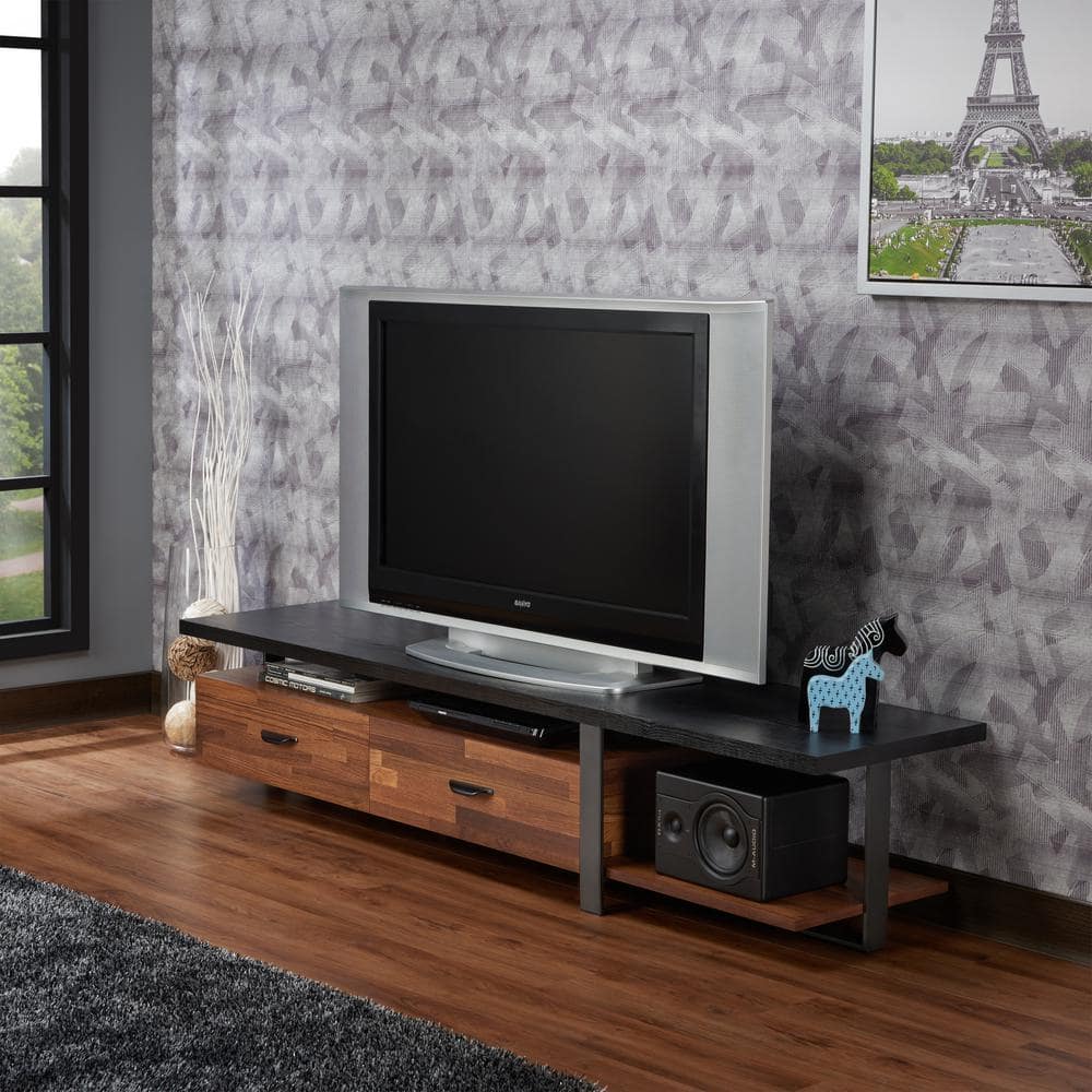 Black and Walnut 71" Metal Framed TV Stand with Cabinet