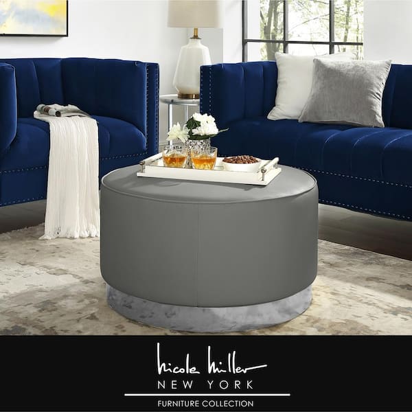 Nicole Miller Matsuori Grey/Chrome PU Leather Cocktail Ottoman with Upholstered
