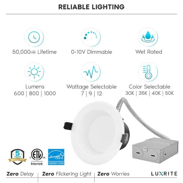 Luxrite 4 in. LED Recessed Light w/J-Box 12-Watt Selectable 1850 Lumens 4 Color Selectable Dimmable Wet Rated IC Rated (4-Pack)