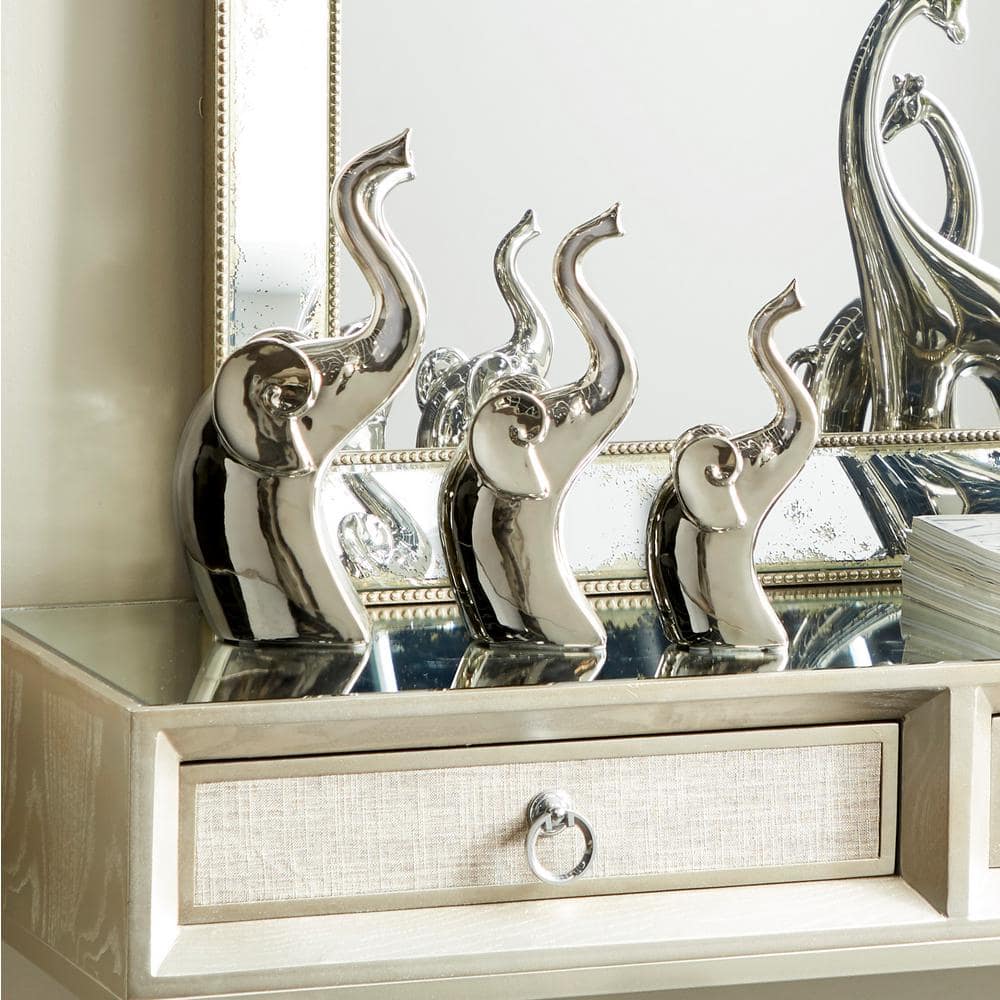 Silver Porcelain Elephant Statue Set with Polished Finish