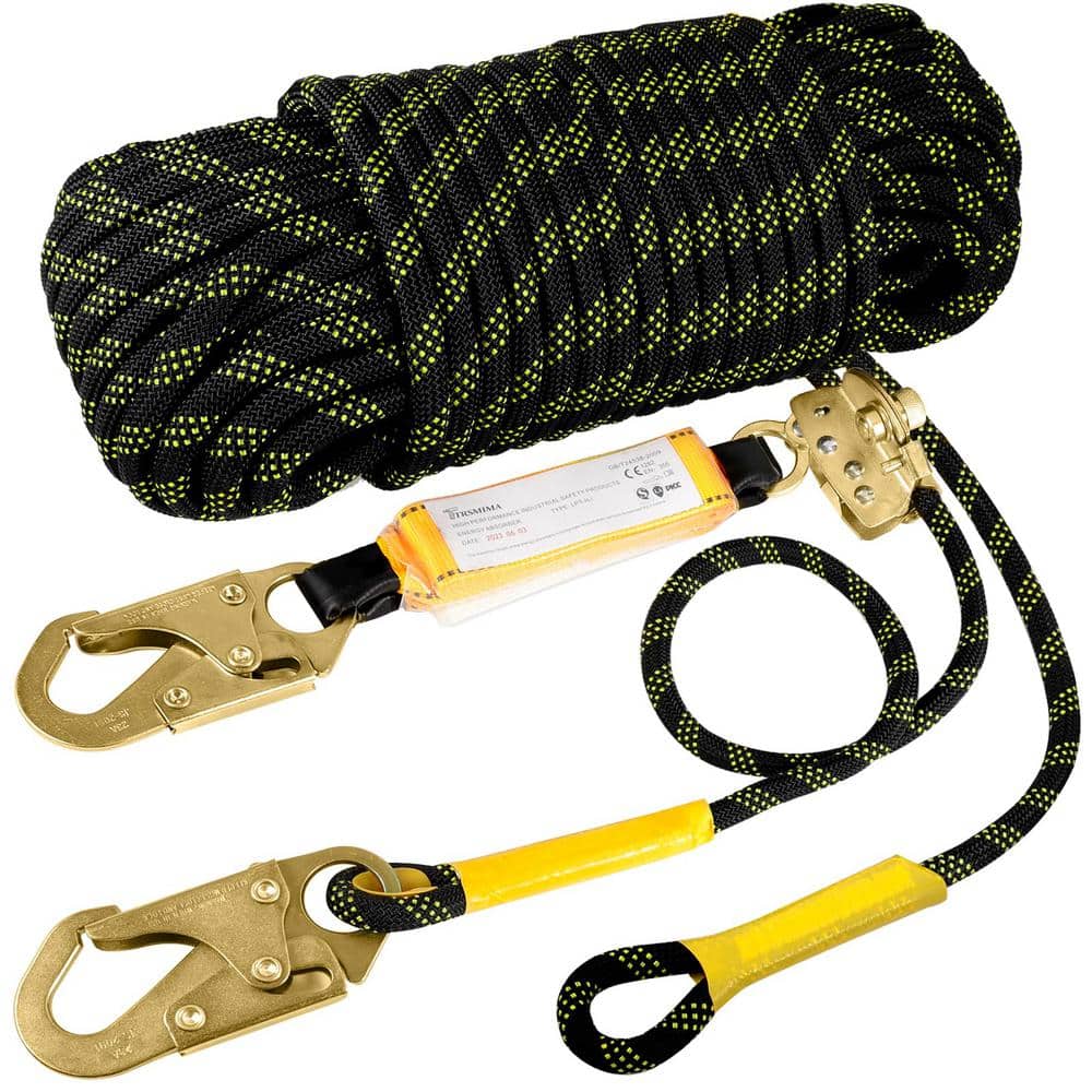 25 ft. Vertical Roofing Rope With Grab Snap Hooks, Fall Protection Tree Cli