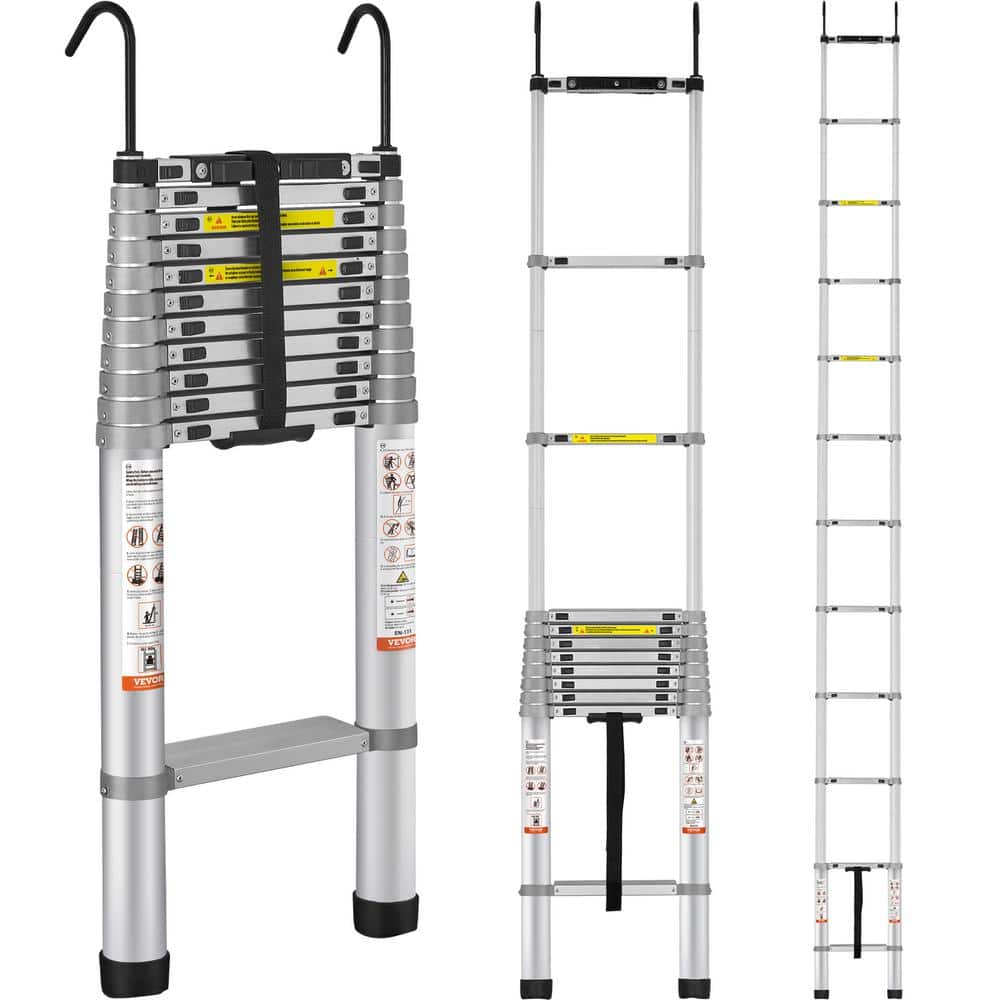 VEVOR Telescoping Ladder, 15 ft. Aluminum One-button Retraction Extension Ladder, 400 lbs. Capacity with Non-slip Feet