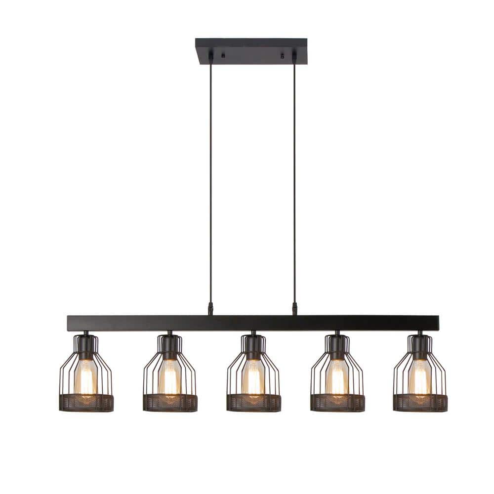 Black Metal Cage 5-Light Linear Island Chandelier