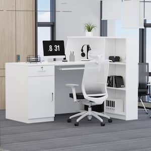 55.1 in. W x 43.3 in. H White MDF Computer Desk with a Desktop 3-Storage Shelves 1-Drawer and 1-Cabinet