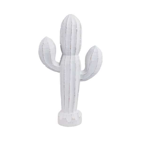 White 10 in. x 18 in. Handcrafted Albasia Wood Cactus Decorative Sculpture