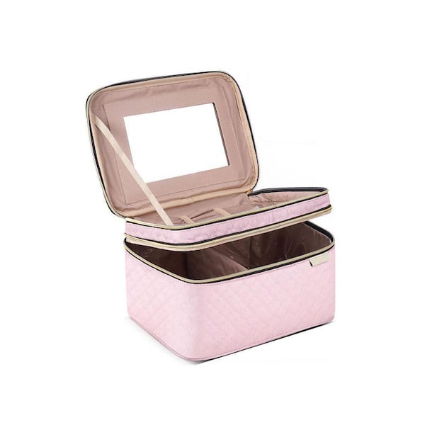 Pink Large Travel Makeup Toiletry Bag Organizer w/ Mirror, Double Layer Cosmetic Case with Brush Slot Divider for Women