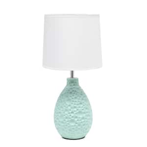 14.17 in. Blue Traditional Ceramic Textured Thumbprint Tear Drop Shaped Table Desk Lamp with Tapered White Fabric Shade