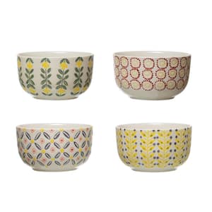 30 fl. oz. Multi-Colored Hand-Stamped Stoneware Dessert Bowls with Floral Patterns (Set of 4 Styles)