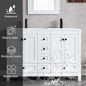 48 in. W. x 18 in. D x 34 in. H Sink Bath Vanity in White with White Resin Double Sink Top and Drain Faucet Set