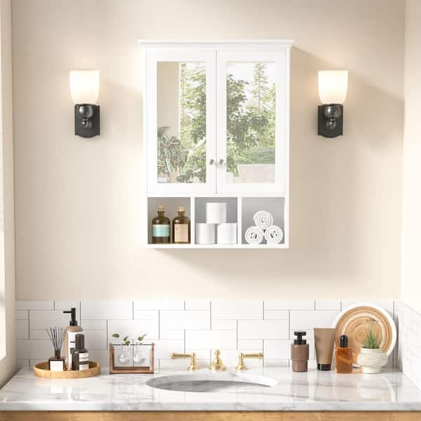 23.6 in. W x 7.5 in. D x 30.4 in. H Oversized Bathroom Storage Wall Cabinet with Adjustable Shelves and Mirror, White