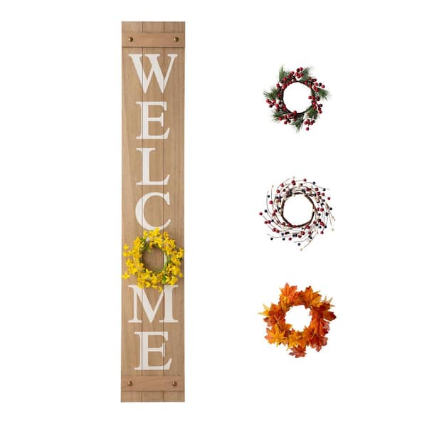 Glitzhome 60 in. H Wooden Welcome Porch Sign, with 4 Changable wreathes (Spring/Patriotic /Fall/Christmas )
