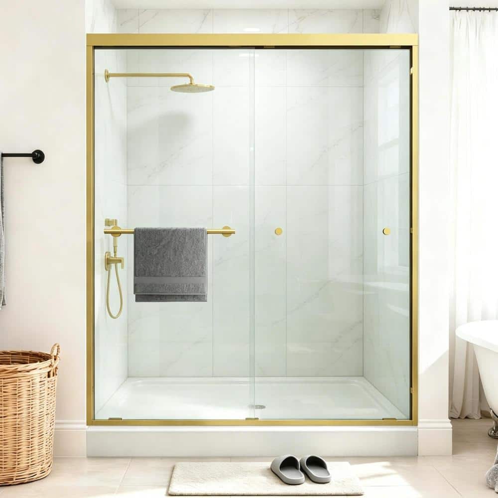 "55 in. - 60 in. W x 72 in. H Double Sliding Aluminum Framed Shower Door in Brushed Gold with 1/4"" Clear Tempered Glass" price history on PriceWatchPro