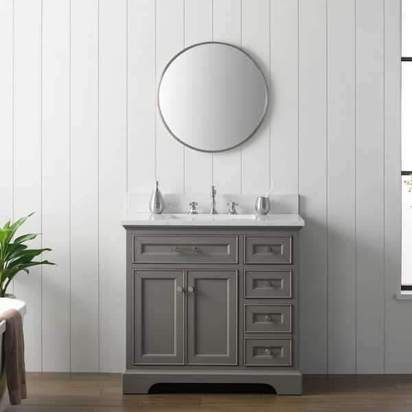 SUDIO Thompson 36 in. W x 22 in. D Bath Vanity in Gray with Engineered Stone Vanity in Carrara White with White Sink