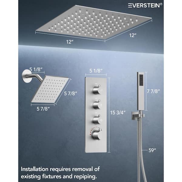 EVERSTEIN Chromotherapy 7-Spray Square 12in. Rain LED Shower
