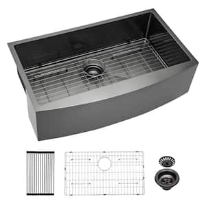 30 in Farmhouse/Apron-Front Single Bowl 16 Gauge Gunmetal Black Stainless Steel Kitchen Sink with Bottom Grid