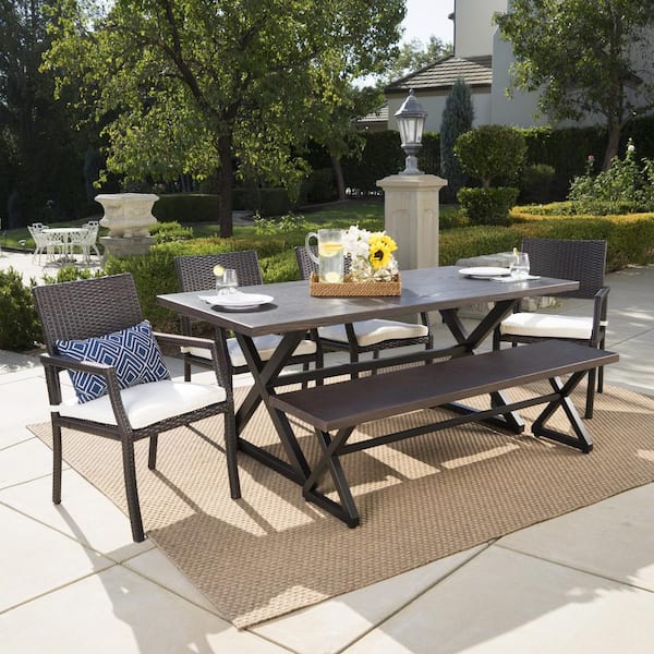 Noble House Sherman 29 in. Black 6-Piece Metal Rectangular Outdoor Dining Set with White Cushions