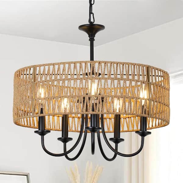 Boho 20 in. 5-Light Beige Rattan Pendant Light Chandelier