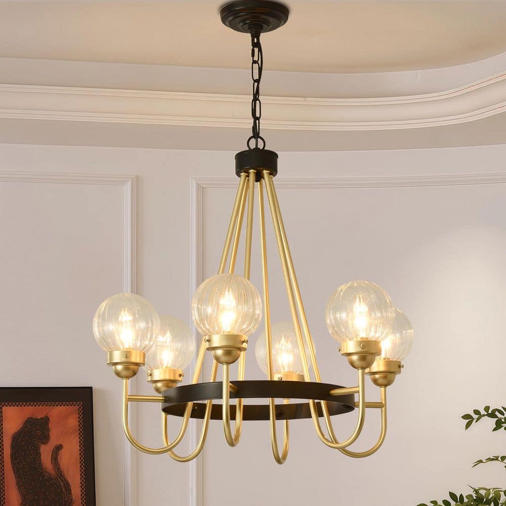 6-Light Gold Modern Chandelier Metal Pendant Light with Ribbed Glass Globes, Adjustable Height for Dining Room price history on PriceWatchPro