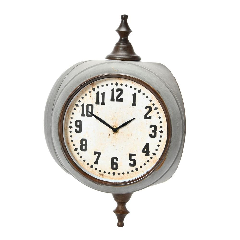 Distressed Gray and Brown Double-Sided Metal Wall Clock