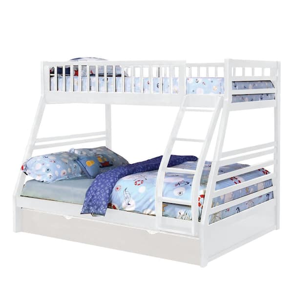 Benjara White Full Adjustable Bunk Bed with Attached Trundle