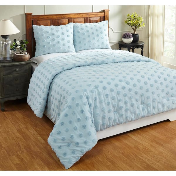 Better Trends Athenia Comforter 2-Piece Blue Twin 100% Cotton Tufted Chenille Polka Dot Design Comforter Set