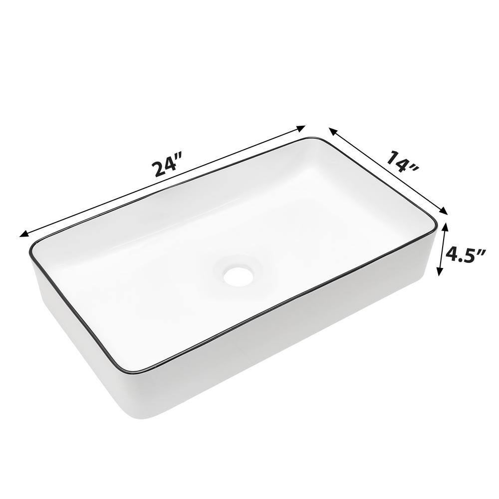 24 x 14 Inch White Ceramic Rectangular Vessel Sink with Black Rim