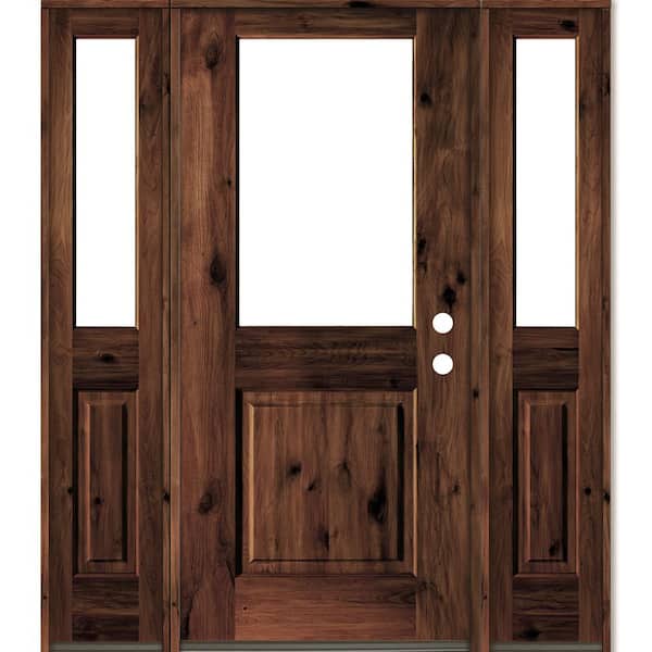 60 in. x 80 in. Rustic Alder Wood Clear Half-Lite Red Mahogony Stain Left Hand Single Prehung Front Door/Sidelites