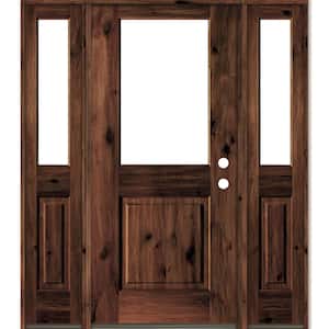 64 in. x 80 in. Rustic Alder Wood Clear Half-Lite Red Mahogony Stain Left Hand Single Prehung Front Door/Sidelites