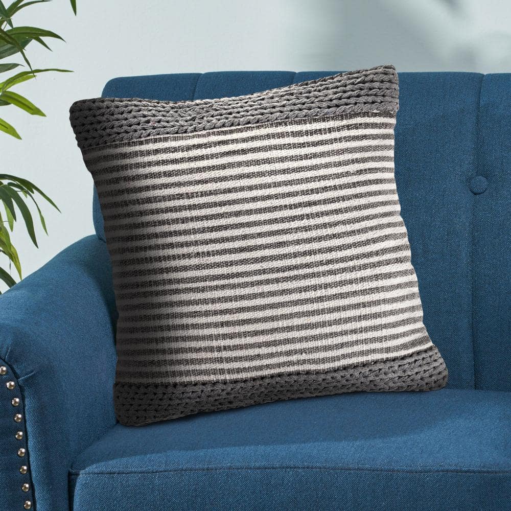 Gray and Ivory Striped Textured Cotton Throw Pillow Set