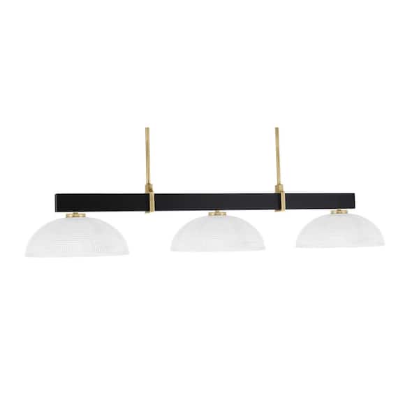 Unbranded Balmore 3-Light Matte Black and New Age Brass Billiard Light with 16 in. Clear Ribbed Glass Shades