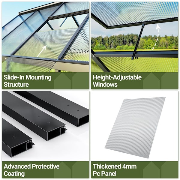 NETAJE 8 ft W x 12 ft D Black Polycarbonate Greenhouse with Quick