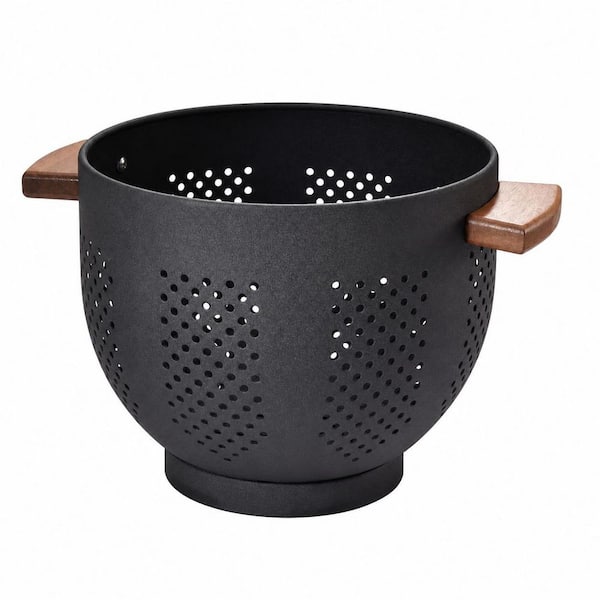 5.5 qt. Matte Black Metal Colander with Powder-Coated Steel, Wood Handle and Stable Base, Kitchen Strainer
