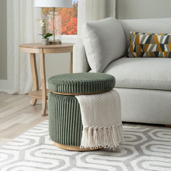 Linon Home Decor Savoy Corduroy Green Polyester Round Storage Accent Small Ottoman