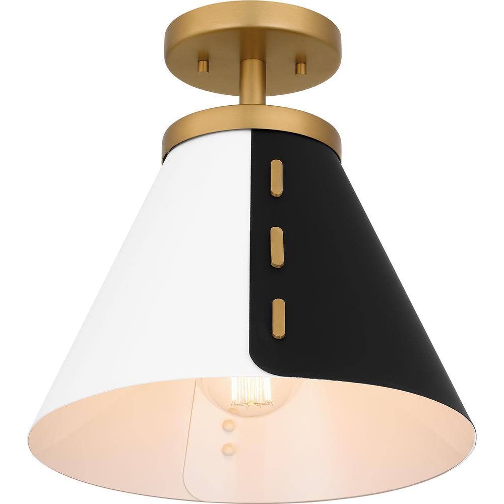 12" Black and White Glass Semi-Flush Mount with Brass Accents